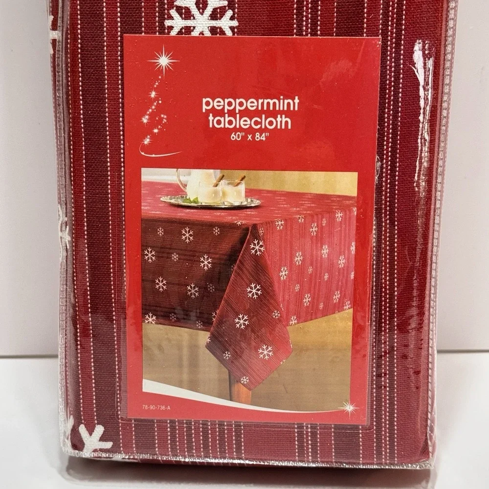 JC Penny Home Christmas Red Pink Stripe Snowflake Tablecloth Peppermint 60 X 84